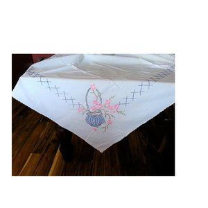 Vintage Embroidered Flowers in Basket Floral Tablecloth 53" x 68"